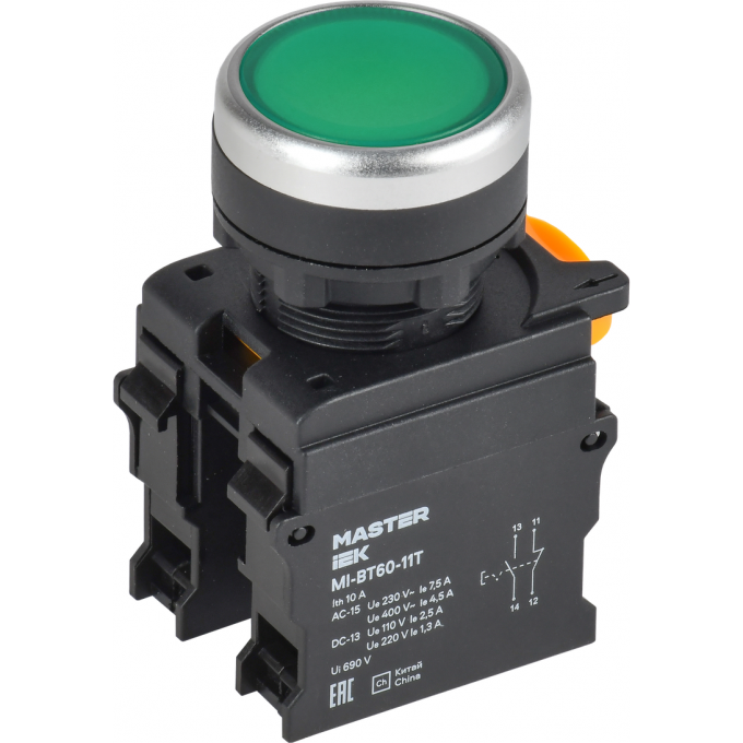 Кнопка с фиксацией IEK MASTER MI-BT60-11T-3-21-K06 d=22мм 1NO+1NC зелёная MI-BT60-11T-3-21-K006
